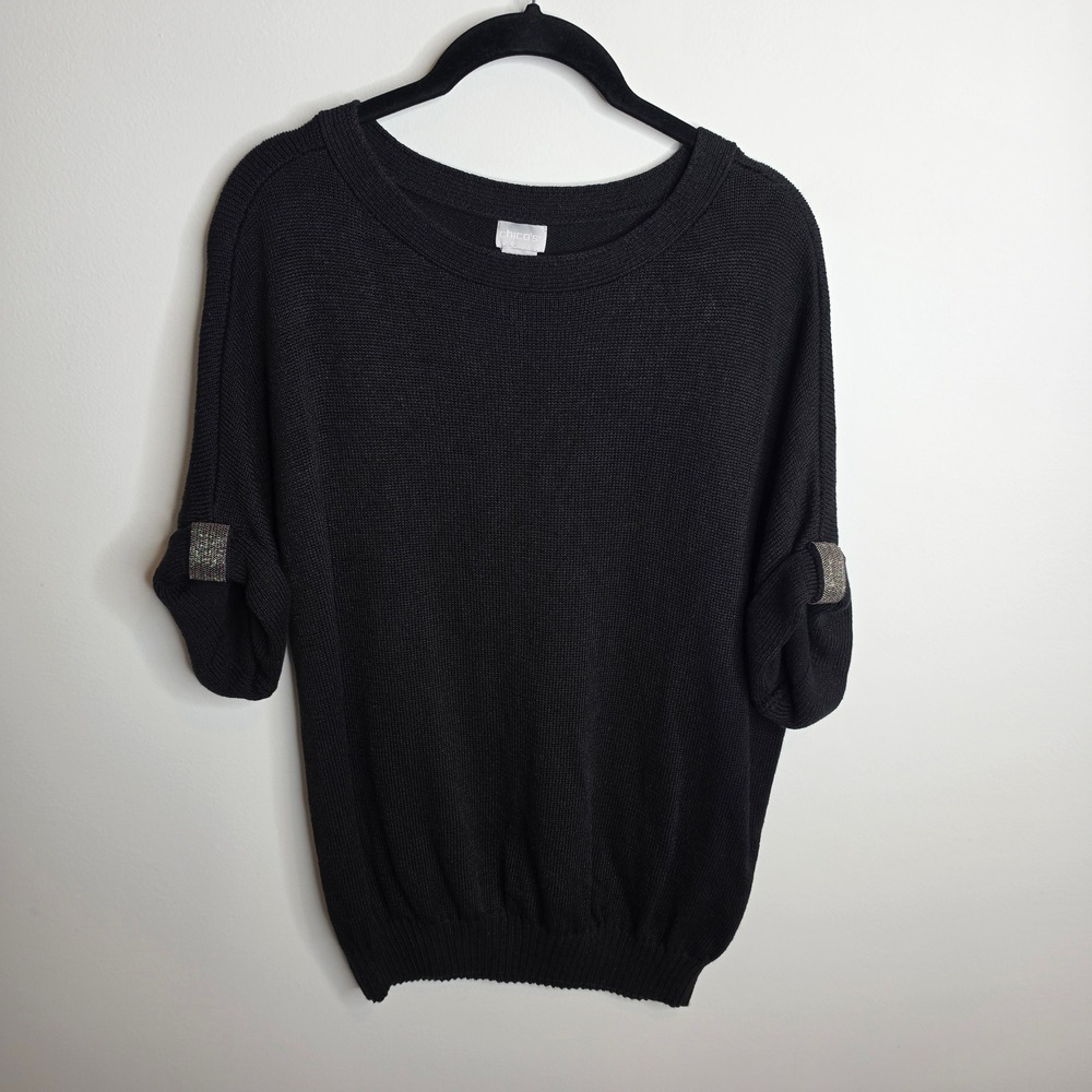Chico's Knit Sweater Womens 2 (L) Linen Blend Beaded Tab Sleeve